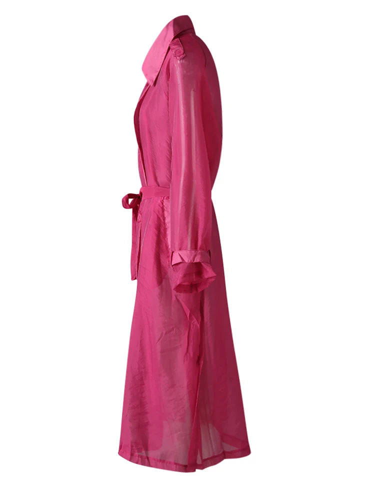 Women Rose Red Mesh Perspective Big Size Long Trench New Lapel Long Sleeve Windbreaker Fashion Spring Autumn 2025 5R4385