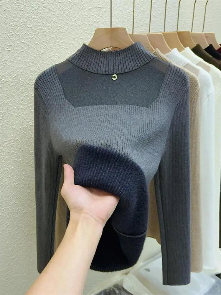 Autumn Winter Women Solid Mesh Velvet Sweater Korean Fashion Warm Round Collar Knitwear Long Sleeve Pullovers Tops Thick Popular
