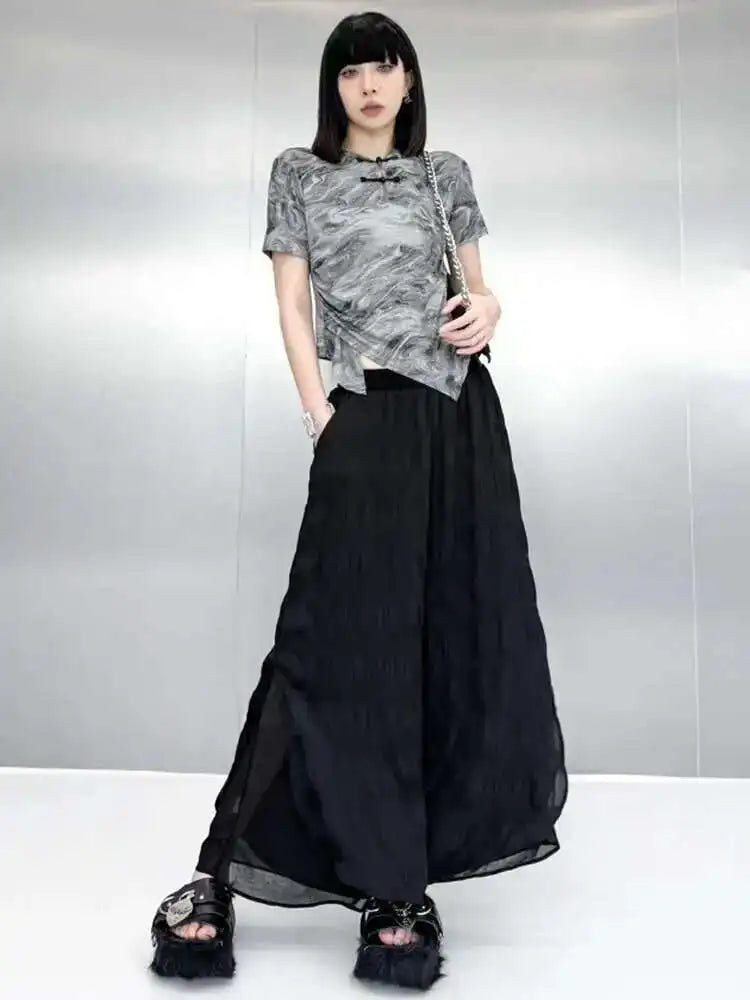 High Elastic Waist Black Pleated Chiffon Long Wide Leg Pants New Trousers Women Fashion Tide Spring Autumn 2025 1DH6500