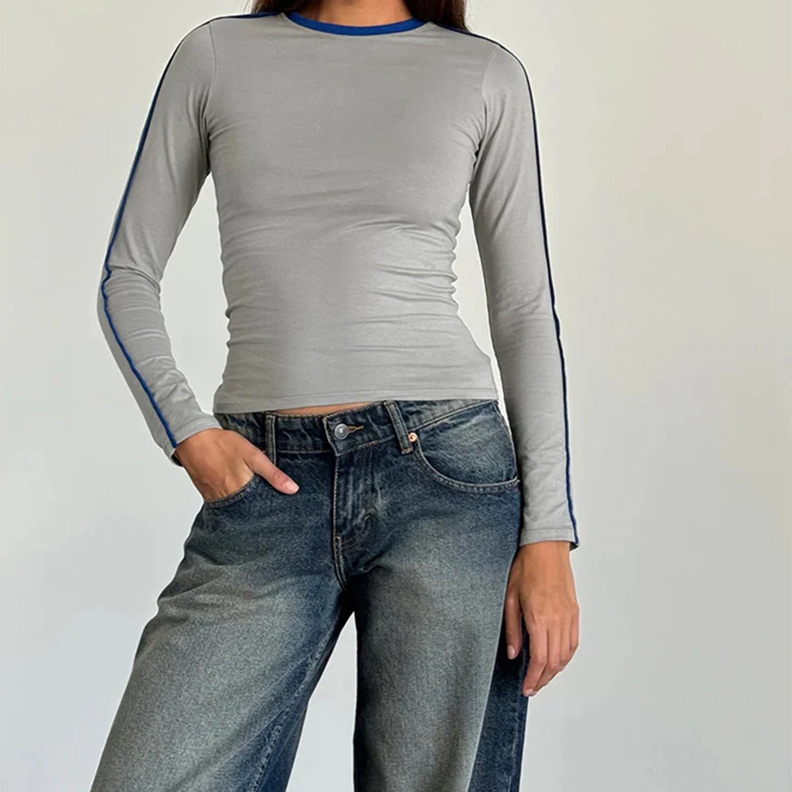 Fall Crop Tops y2k Women Aesthetic Clothing Contrast Trim Round Neck Long Sleeve T Shirts Fashion Tees Streetwear