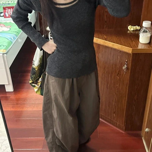 Load image into Gallery viewer, Sexy Hollow Solid Sweater Women Y2k Aesthetic Slim Fit Knitted Harajuku Jumper All Match Korean Sexy Pullover Female Knitwear
