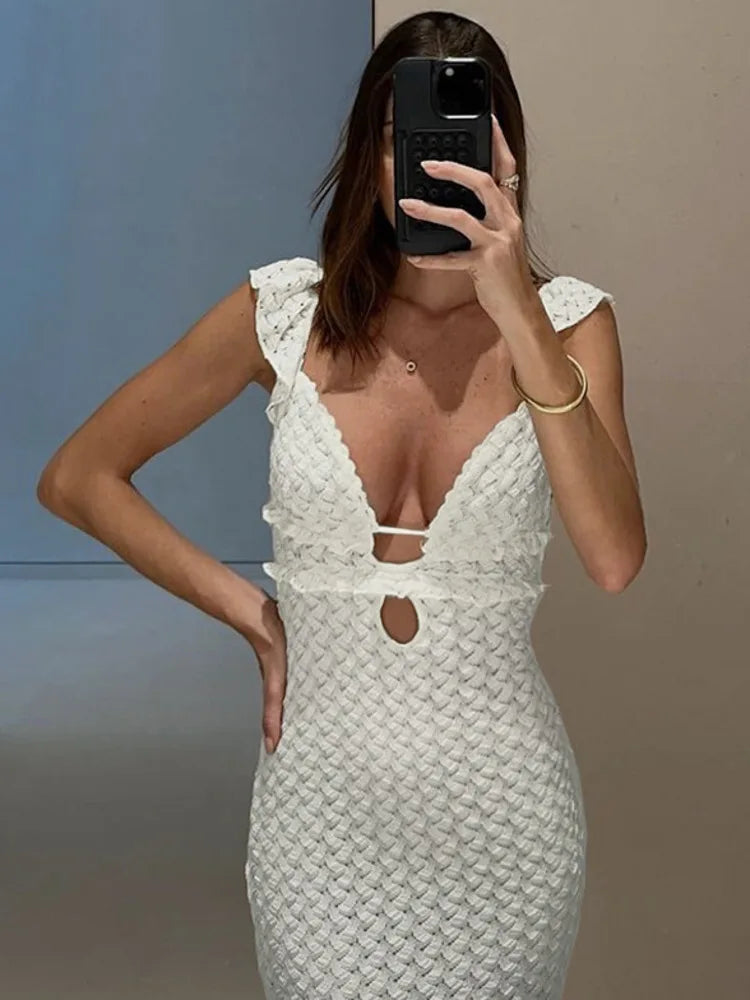 Elegant Sleeveless Lace Up Hollow Out Bodycon Women Dress 2024 Fall New V-neck Backless Party Evening Dress Slim Vestido