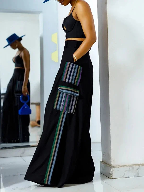 Split-joint Female Loose Wide Leg Trousers Summer Spring Striped High Waisted Pants with Pockets for Women