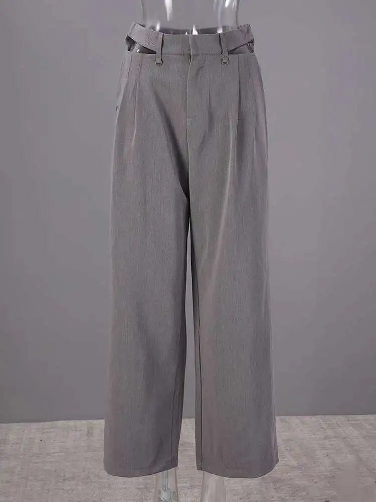 High Waist Gray Hollow Out Zipper Wide Leg Pants New Loose Fit Trousers Women Fashion Tide Spring Autumn 2025 1DF6568