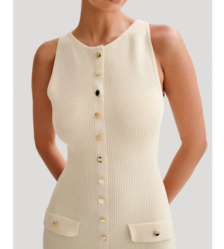 Elegant Sleeveless Sweater Knitted Button Long Dress Women Split Fit Fashion Street Female Vesidos 2024 Summer New Dress