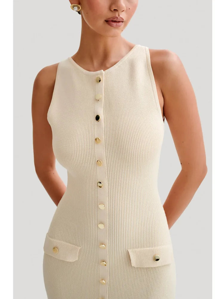 Elegant Sleeveless Sweater Knitted Button Long Dress Women Split Fit Fashion Street Female Vesidos 2024 Summer New Dress