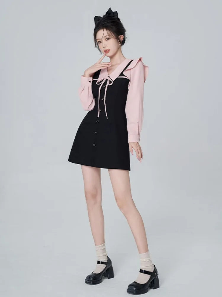 Y2k Hotsweet Kawaii Ruffle Dress Soft Mori Sweet Preppy Style School Black Autumn Mini Short Party Dresses Student