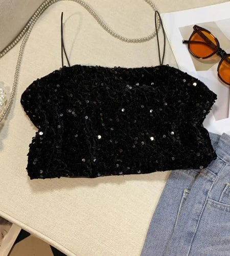 Summer Women's Black Spaghetti Strap Sequined Camisole Fashion Shiny Pink Cropped Sleeveless Sexy Slim Short Tanks Tops New