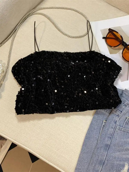 Summer Women's Black Spaghetti Strap Sequined Camisole Fashion Shiny Pink Cropped Sleeveless Sexy Slim Short Tanks Tops New