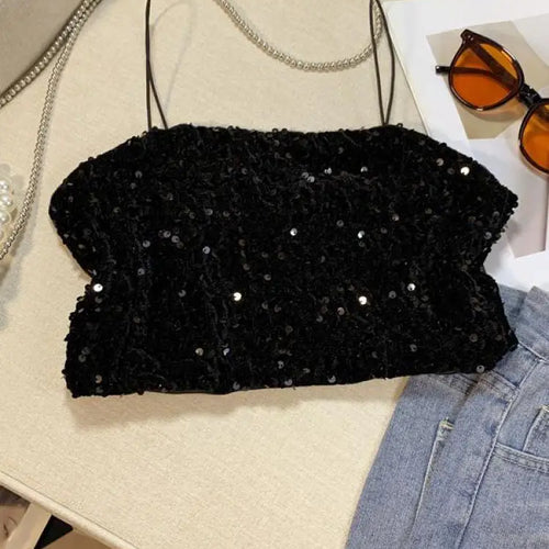 Load image into Gallery viewer, Summer Women&#39;s Black Spaghetti Strap Sequined Camisole Fashion Shiny Pink Cropped Sleeveless Sexy Slim Short Tanks Tops New
