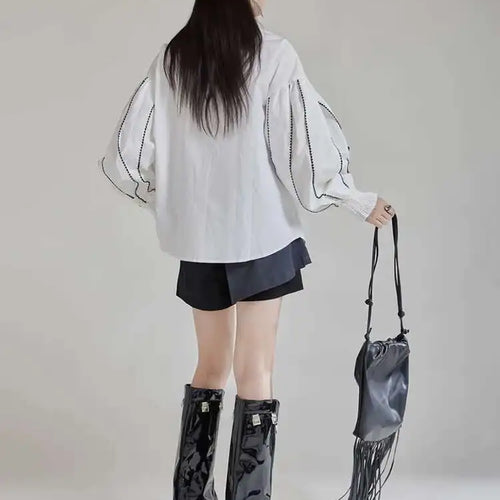 Load image into Gallery viewer, Women White Color-block Elegant Blouse New Lapel Long Lantern Sleeve Shirt Fashion Tide Spring Autumn 2025 1DH9890
