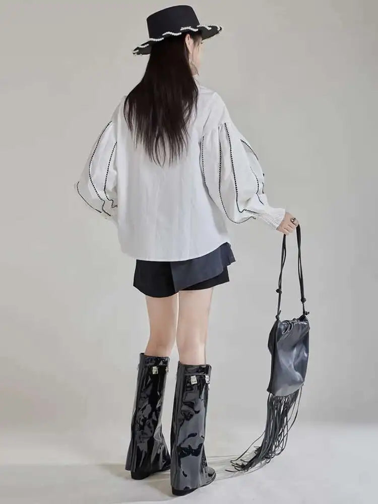Women White Color-block Elegant Blouse New Lapel Long Lantern Sleeve Shirt Fashion Tide Spring Autumn 2025 1DH9890