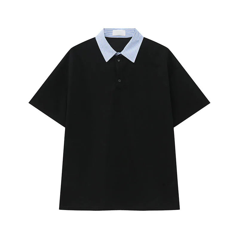 Men's Short Sleeve T-shirts Korean Simple Splicing Lapel Fake Two-piece Fashion Loose Male Clothing Pullover Top 9W1584