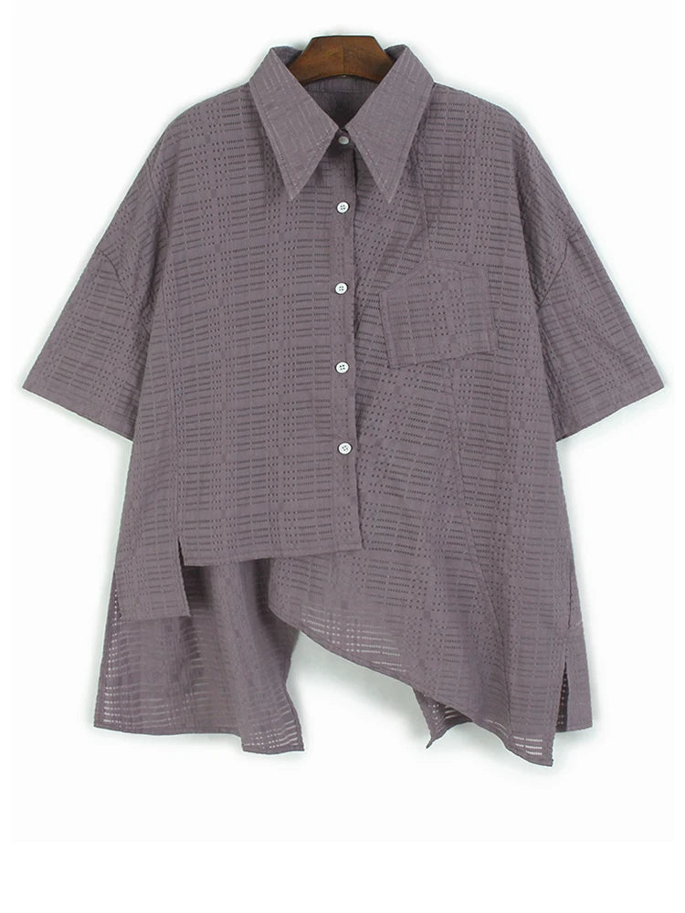 Women Green Irregular Hollow Out Big Size Blouse New Lapel Short Sleeve Shirt Fashion Tide Spring Summer 2025 1DJ1107