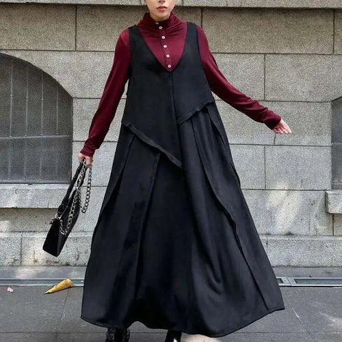 Load image into Gallery viewer, Women Black Irregular Spliced Big Size Long Strap Dress New V-Neck Sleeveless Fashion Tide Spring Autumn 2025 1DH7700

