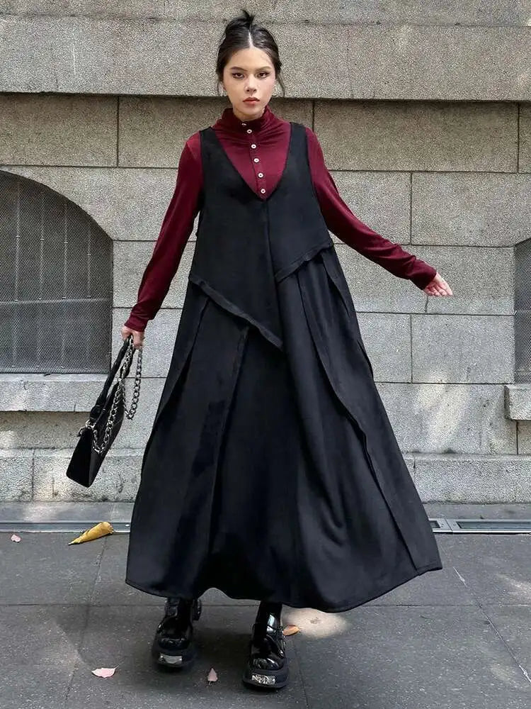 Women Black Irregular Spliced Big Size Long Strap Dress New V-Neck Sleeveless Fashion Tide Spring Autumn 2025 1DH7700