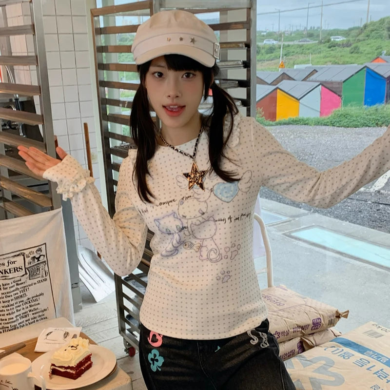 Japanese Y2k Anime Print Knitted Tops 2000s Aesthetics Long Sleeve T-shirt Cutecore Polka Dots Ribbed Tops Kawaii Cat
