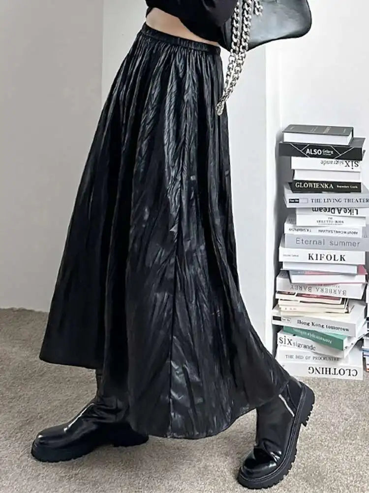 High Elastic Waist Coffee Pleated Midi Pu Leather Half-body Skirt Women Fashion Tide New Spring Autumn 2025 1DH1592