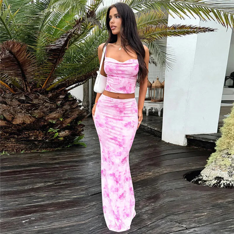 Strapless Print Sexy Two Piece Sets Women Spaghetti Strap Crop Tops And Maxi Skirt Female Elegant Printed 2 Piece Sets