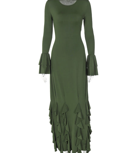 Women Fashion Solid Long Flare Sleeve Ruffles Bandage Sexy Bodycon Maxi Prom Dress Fall Outfits Birthday Party Festival