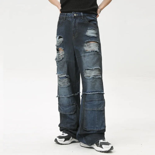 Load image into Gallery viewer, High Street Men&#39;s Jeans Loose Hole Worn-out Big Pocket Niche Design Male Straight Denim Pants Summer Stylish 9C6161
