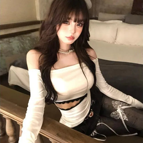 Load image into Gallery viewer, 2025 Hollow Out Lace Patchwork Tshirts Y2k Aesthetic Slash Neck Grunge T-shirt Harajuku Autumn Irregular Vintage Tops Streetwear
