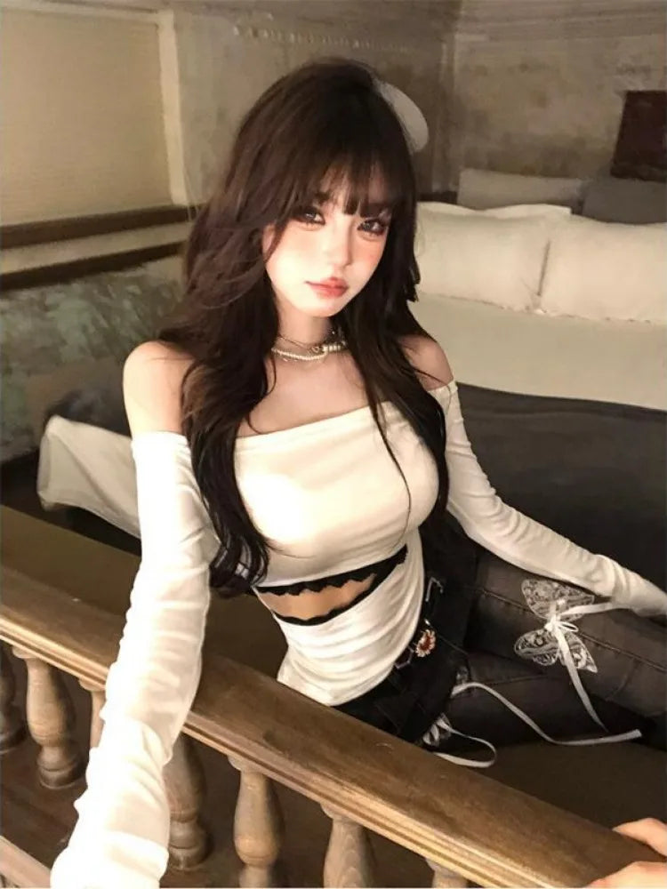 2025 Hollow Out Lace Patchwork Tshirts Y2k Aesthetic Slash Neck Grunge T-shirt Harajuku Autumn Irregular Vintage Tops Streetwear