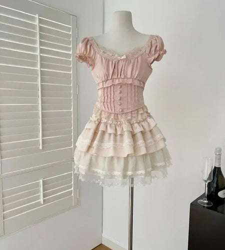 French Summer Sweet Pink Patchwork Lace Short Sleeve Tops And Beige High Waist Ruffle Edge Cake Mini Skirt Women Two Piece Sets