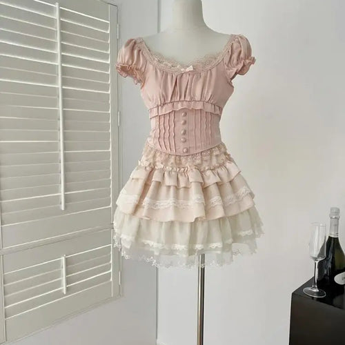 Load image into Gallery viewer, French Summer Sweet Pink Patchwork Lace Short Sleeve Tops And Beige High Waist Ruffle Edge Cake Mini Skirt Women Two Piece Sets
