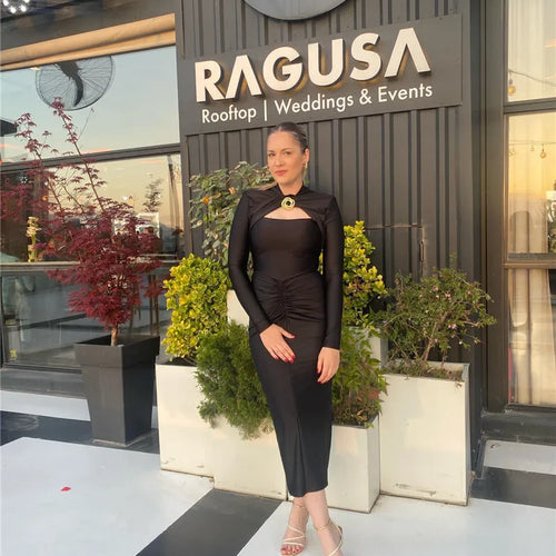 Load image into Gallery viewer, Hollow Out Long Sleeve Sexy Maxi Dress For Women Gown Autumn Winter New Metal Buckle Ruched Slit Long Dress Elegant
