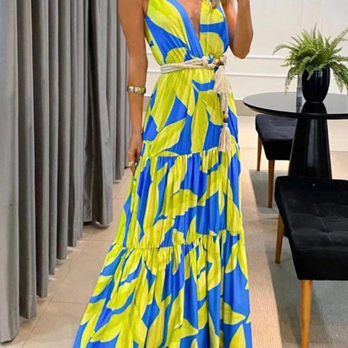 Load image into Gallery viewer, Sexy Print Colorblock Dress For Women V Neck Sleeveless High Waist Patchwork Folds Midi Dresses Female 2022 Fashion Clothing
