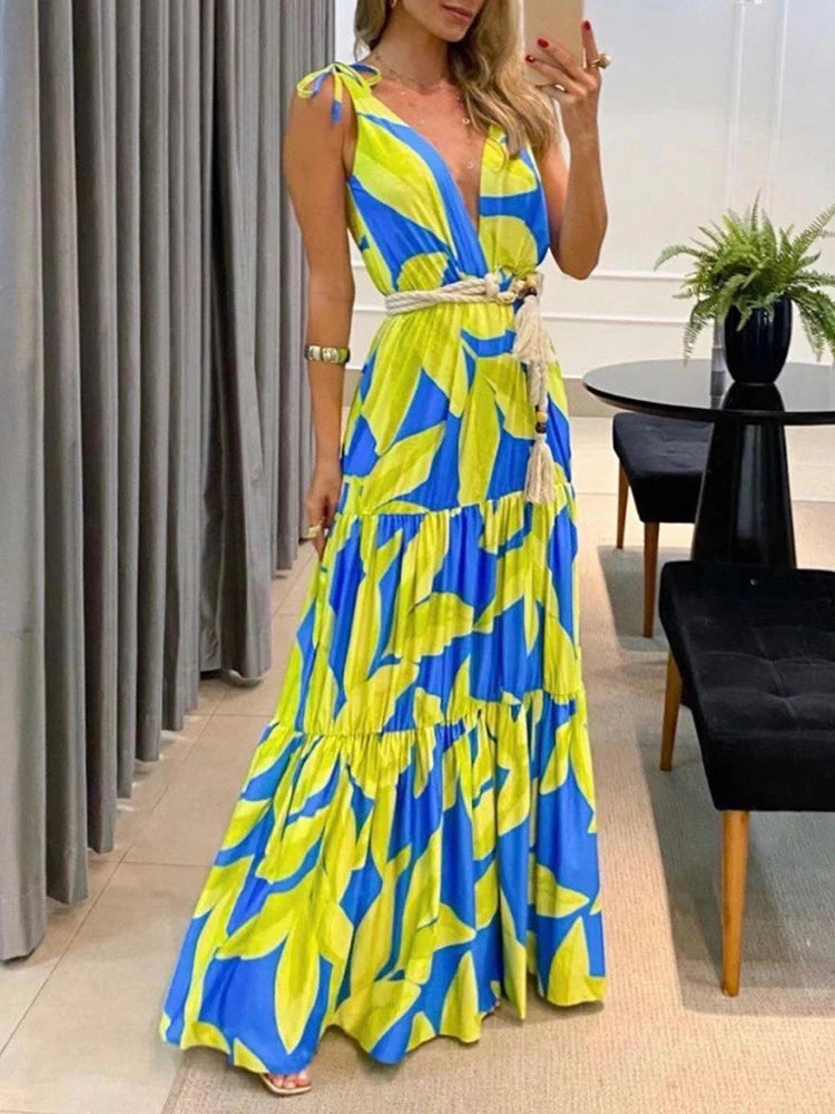 Sexy Print Colorblock Dress For Women V Neck Sleeveless High Waist Patchwork Folds Midi Dresses Female 2022 Fashion Clothing