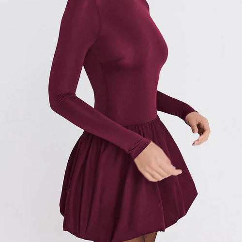 Load image into Gallery viewer, Turtleneck Long Sleeve Sexy Mini Dress For Women Robe Fashion Burgundy Patchwork High Waist A-line Club Pleated Dress
