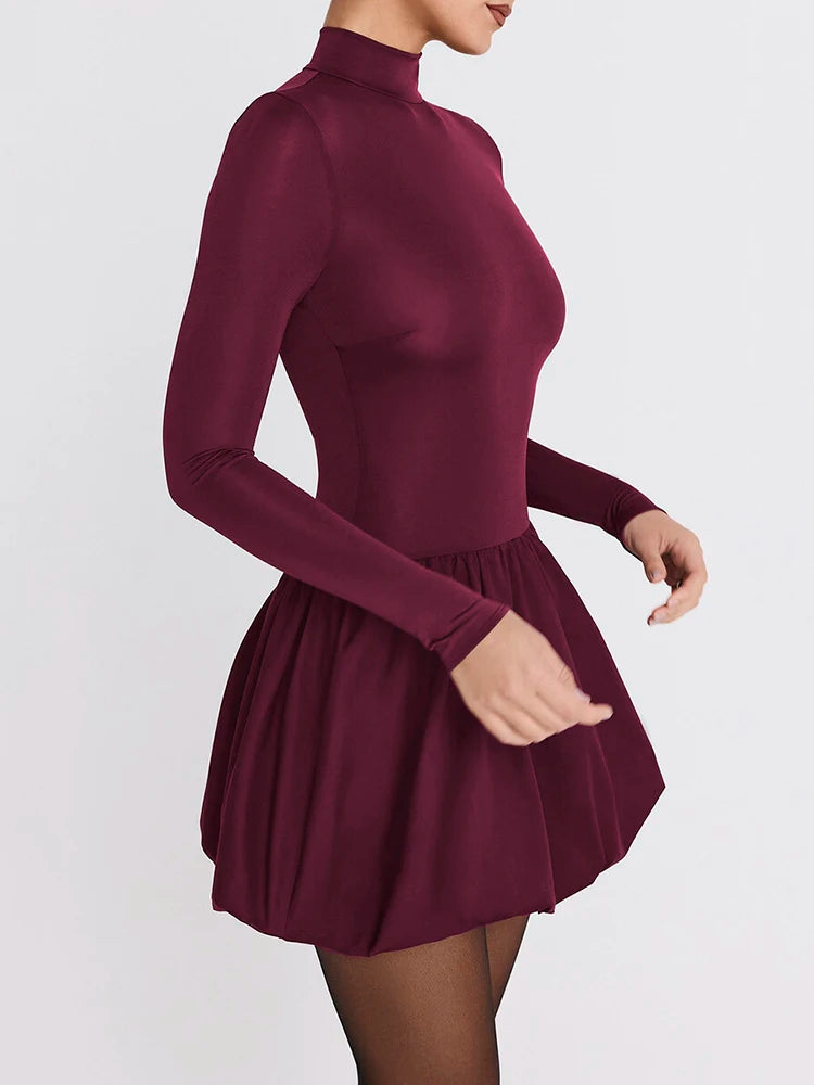 Turtleneck Long Sleeve Sexy Mini Dress For Women Robe Fashion Burgundy Patchwork High Waist A-line Club Pleated Dress