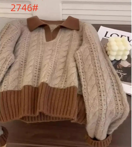 Autumn Winter Brown Patchwork Cotton Short Sweater Women Korean Elegent Long Sleeve Fashion Holiday Knitted Pullover Tops Trendy