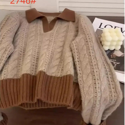 Load image into Gallery viewer, Autumn Winter Brown Patchwork Cotton Short Sweater Women Korean Elegent Long Sleeve Fashion Holiday Knitted Pullover Tops Trendy
