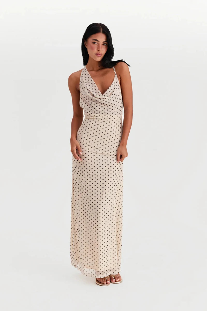Spaghetti Strap Polka Dot Dress For Women Gown Fashion Irregular V Neck Sleeveless Backless Bodycon Club Long Dress