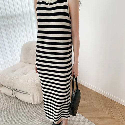 Load image into Gallery viewer, Luxury Spring Summer Contrast Stripe Knitted Sleeveless Tank Dress O-neck Loose Split Casual Long Dresses  C-008
