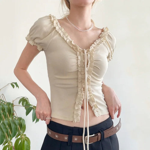 Load image into Gallery viewer, Women Y2k Aesthetic Ruffled Bandage T-shirt Summer Harajuku Fairy Vintage Slim Fit Tees Grunge Cropped Pleated Tops Streetwear
