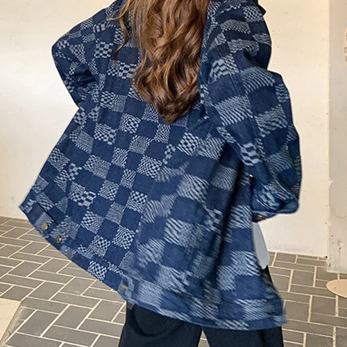 Load image into Gallery viewer, Autumn Chessboard Checker Denim Coat Women Korean Fashion Loose Retro Blue Black Plaid Denim Jackets Women Top
