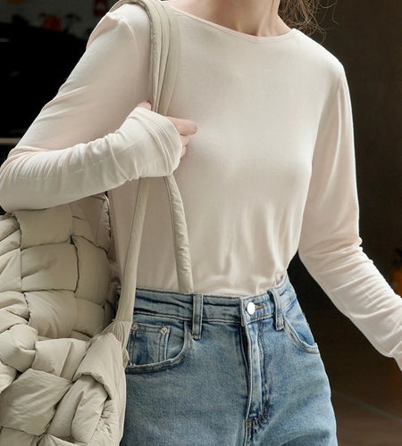 Women White Brief Backlesss Elegant Slim T-shirt New Round Neck Long Sleeve Fashion Tide Spring Summer 2025 1DJ1477