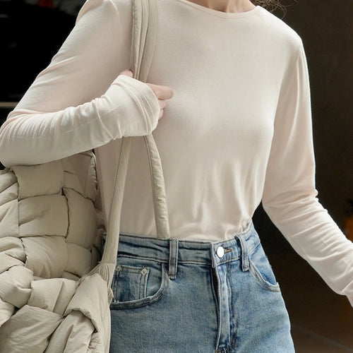 Load image into Gallery viewer, Women White Brief Backlesss Elegant Slim T-shirt New Round Neck Long Sleeve Fashion Tide Spring Summer 2025 1DJ1477

