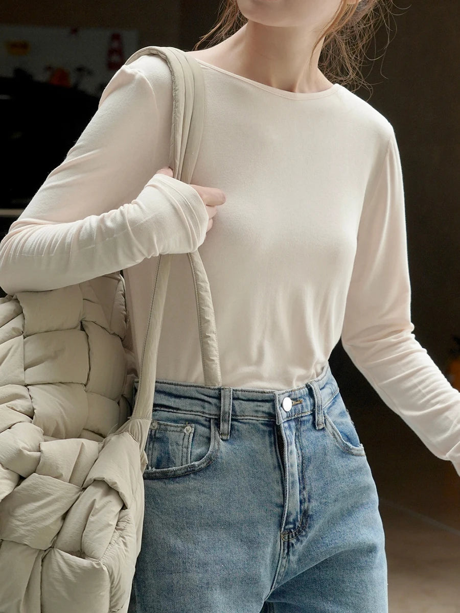 Women White Brief Backlesss Elegant Slim T-shirt New Round Neck Long Sleeve Fashion Tide Spring Summer 2025 1DJ1477