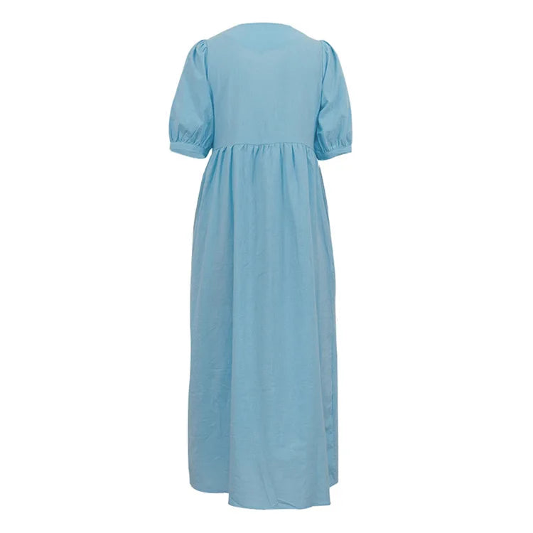 Short Puff Sleeve Maxi Dress For Women Fashion Autumn New Blue V Neck Loose Basic Casual Long Dress Elegant Gown