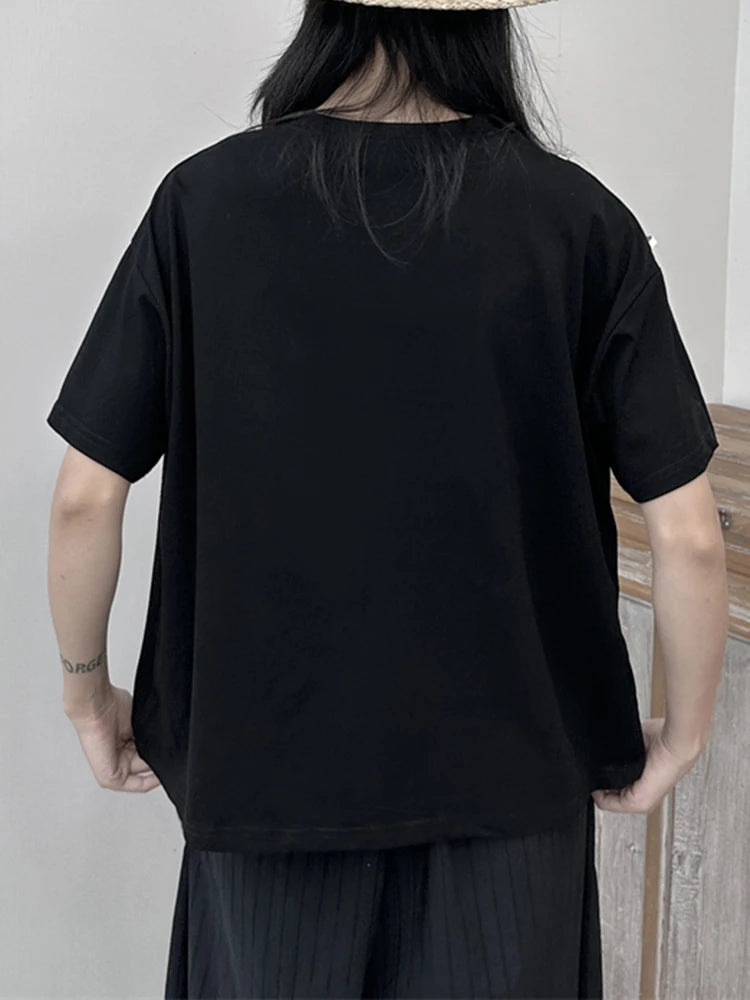 Women White Ribbon Color-block Big Size Casual T-shirt New Round Neck Short Sleeve Fashion Tide Spring Summer 2025 1DJ1675