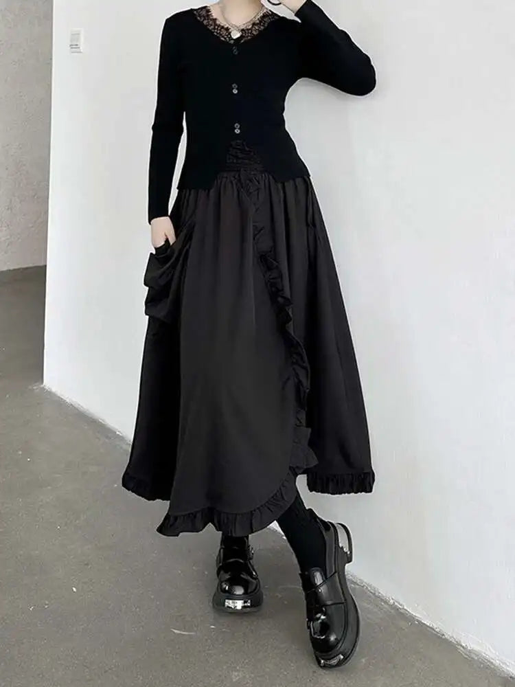 High Elastic Waist Black Ruffles Irregular Pocket A-line Half-body Skirt Women Fashion Tide New Spring Autumn 2025 1DH8737
