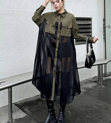 Women Army Green Mesh Color-block Big Size Long Shirt Dress New Lapel Long Sleeve Fashion Tide Spring Autumn 2025 1DH6066