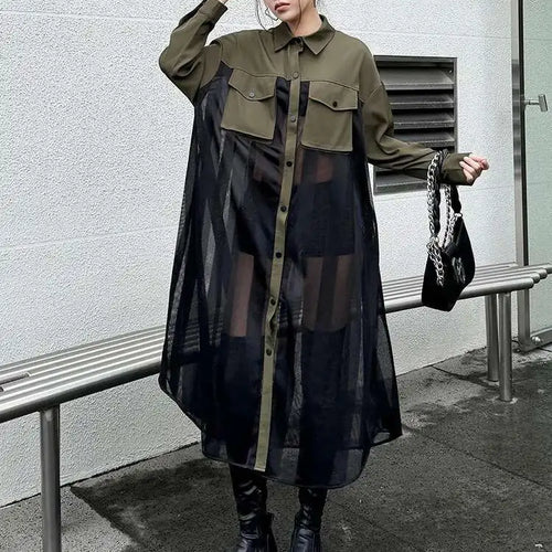 Load image into Gallery viewer, Women Army Green Mesh Color-block Big Size Long Shirt Dress New Lapel Long Sleeve Fashion Tide Spring Autumn 2025 1DH6066
