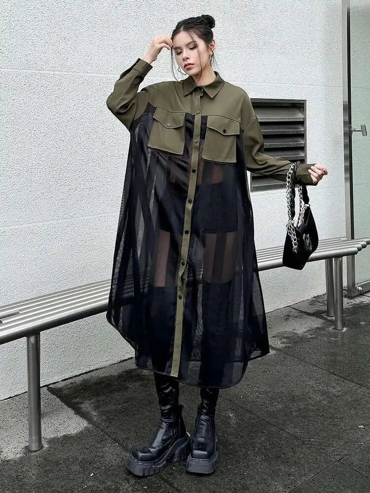 Women Army Green Mesh Color-block Big Size Long Shirt Dress New Lapel Long Sleeve Fashion Tide Spring Autumn 2025 1DH6066