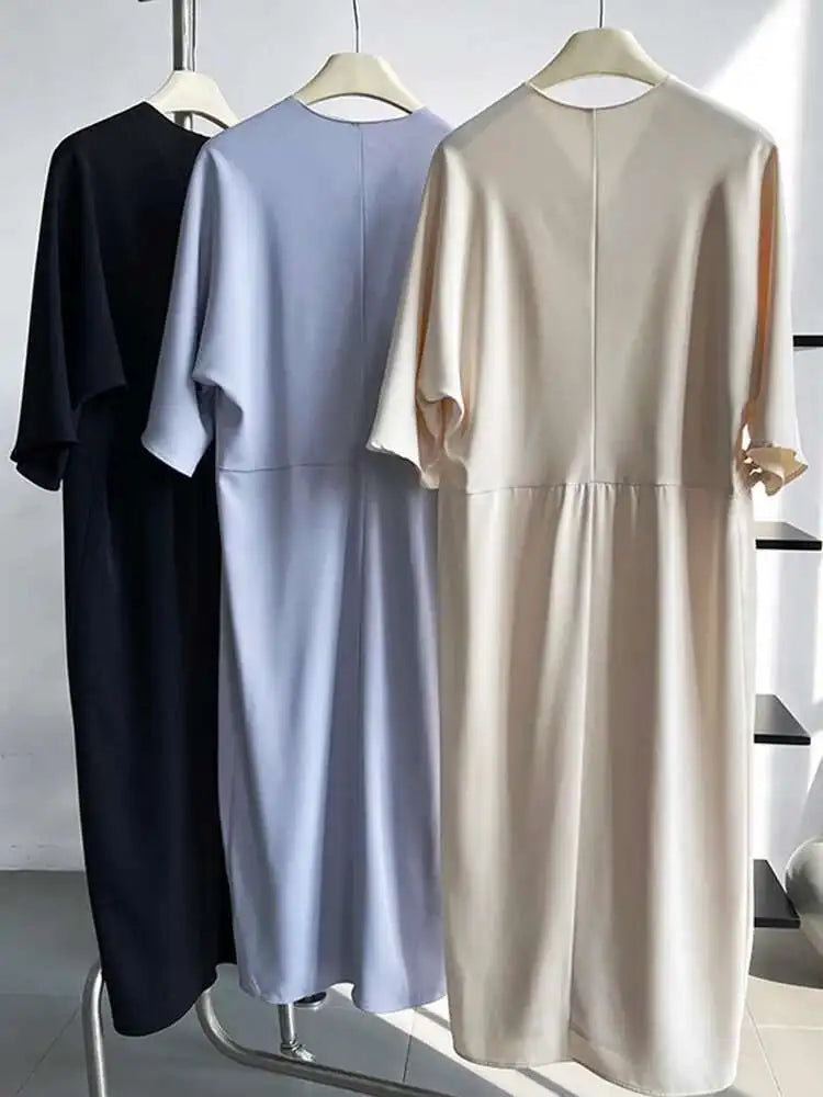 Women Black Buckle Long Elegant Dress New Round Neck Three-quarter Sleeve Loose Fit Fashion Spring Autumn 2025 1DE7880